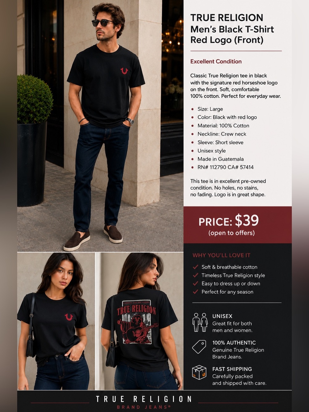 True Religion Men's Black Tee with Red Logo